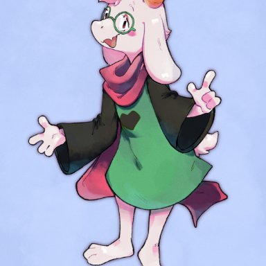 cynicallysly, ralsei, deltarune, undertale (series), bovid, caprine, goat, gorn, mammal, 4 fingers, anthro, barefoot, blue background, clothed, clothing