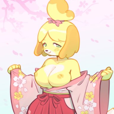 somik, isabelle (animal crossing), animal crossing, nintendo, canid, canine, canis, domestic dog, mammal, shih tzu, toy dog, accessory, anthro, asian clothing, big breasts
