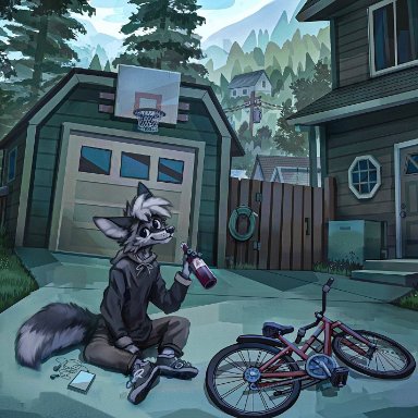 jacato, canid, mammal, 4 fingers, anthro, beer bottle, bicycle, biped, black nose, blue sky, bottle, bottomwear, brown bottomwear, brown clothing, brown pants