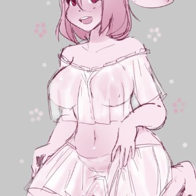 marshmallow-ears, peachy (marshmallow-ears), lagomorph, leporid, mammal, rabbit, anthro, belly, breasts, clothed, clothing, collarbone, ears down, genitals, gynomorph