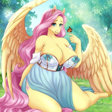 spottedtigress, fluttershy (mlp), friendship is magic, hasbro, my little pony, equid, equine, mammal, pegasus, anthro, anthrofied, big breasts, breasts, cleavage, clothed