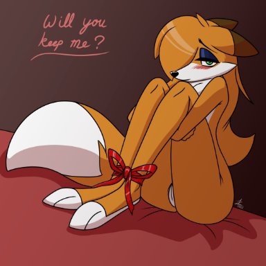 whitephoenix52, rebecca cyrus, canid, canine, fox, mammal, anthro, bed, bedroom, bedroom eyes, bow ribbon, curled up, dipstick ears, dipstick tail, eyeshadow