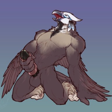 rollwulf, kaenth (fynath), nintendo, the legend of zelda, avian, rito, abs, anthro, balls, beak, bodily fluids, brown body, erection, feathered wings, feathers