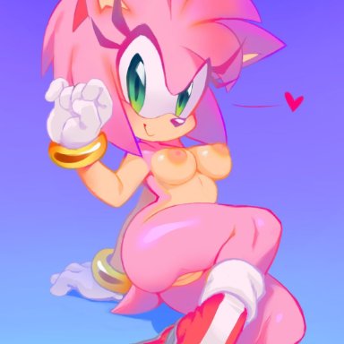 sif, amy rose, sega, sonic the hedgehog (series), eulipotyphlan, hedgehog, mammal, 5 fingers, <3, accessory, anthro, areola, arm support, big eyes, blue background