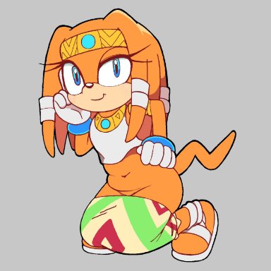 boxf, tikal the echidna, sega, sonic adventure, sonic the hedgehog (series), echidna, mammal, monotreme, anthro, clothed, clothing, female, hand on hip, looking at viewer, partially clothed