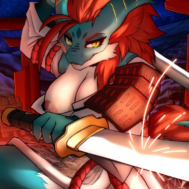 xaenyth, dragon, anthro, armor, clothing, dual wielding, female, green body, green scales, holding object, holding weapon, katana, melee weapon, scales, solo