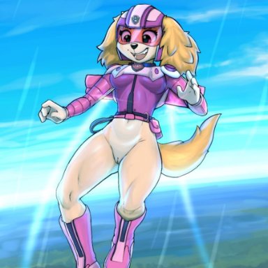 diacordst, skye (paw patrol), paw patrol, canid, canine, canis, cockapoo, domestic dog, mammal, mixed breed, 4 fingers, anthro, armor, boots, bottomless