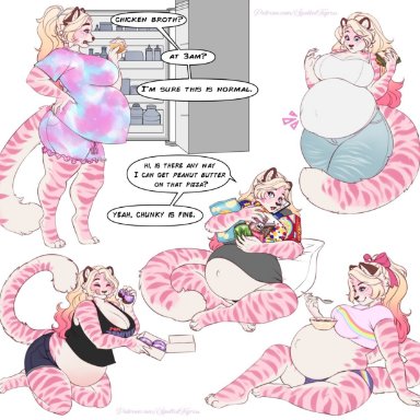 spottedtigress, marzipan (spottedtigress), felid, mammal, pantherine, tiger, 4 toes, 5 fingers, anthro, belly, big belly, big breasts, blonde hair, blue eyes, bottomwear
