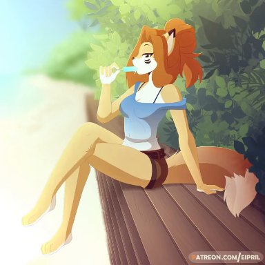 eipril, elisabeth (eipril), canid, canine, fox, mammal, anthro, beach, bench, bra, breasts, cleavage, clothed, clothing, female