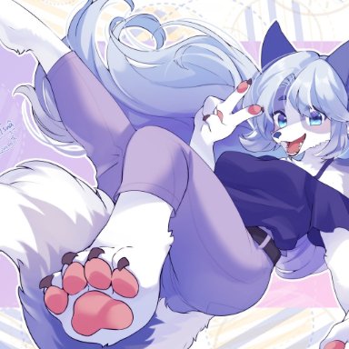 lemoco, gin png, canid, canine, fox, mammal, 4 fingers, 4 toes, anthro, barefoot, blue body, blue eyes, blue fur, blue hair, breasts