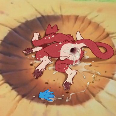 kaidzsu, raptoral (character), dragon ball, yamcha death pose, sergal, after anal, after fisting, after sex, anal juice, anthro, anus, backsack, balls, bodily fluids, butt