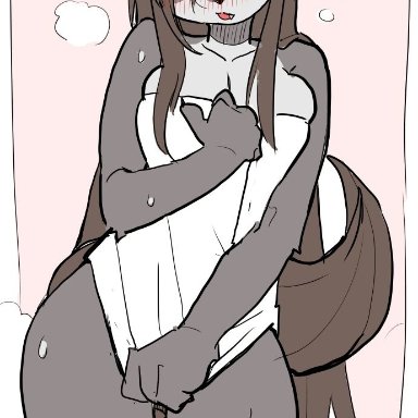 ediblerabbit, canid, canine, canis, mammal, wolf, anthro, bathrobe, blush, breasts, breath, brown hair, brown tail, cleavage, clothed