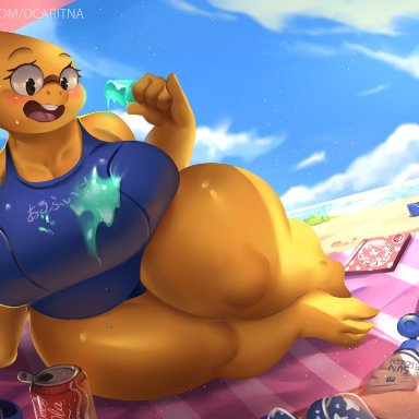 ocaritna, alphys, undertale, lizard, reptile, scalie, accident, anthro, bag, beach, belly, beverage, big breasts, blush, breasts