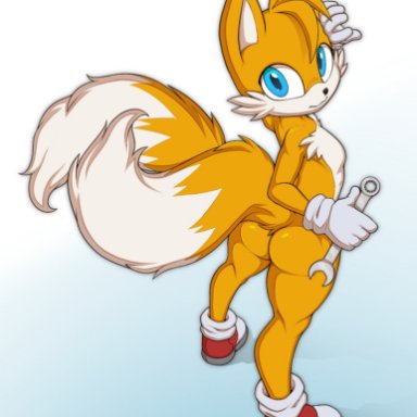 hotpixa, miles prower, sega, sonic the hedgehog (series), canid, canine, fox, mammal, 5 fingers, anthro, black nose, blue eyes, bottomless, butt, clothed