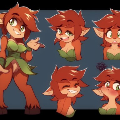 wildblur, elora, activision, spyro reignited trilogy, spyro the dragon, faun (spyro), mammal, 4 fingers, anthro, blush, breasts, brown hair, cleavage, clothed, clothing