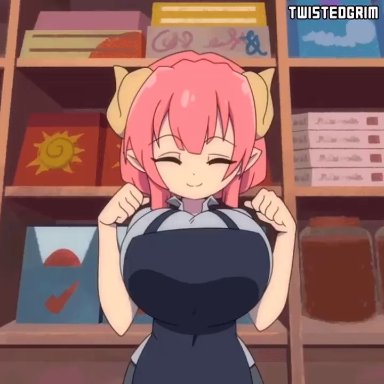 twistedgrimtv, ilulu, miss kobayashi's dragon maid, animal humanoid, dragon, dragon humanoid, humanoid, apron, big breasts, bouncing breasts, breasts, cheering, cleavage, clothed, clothing