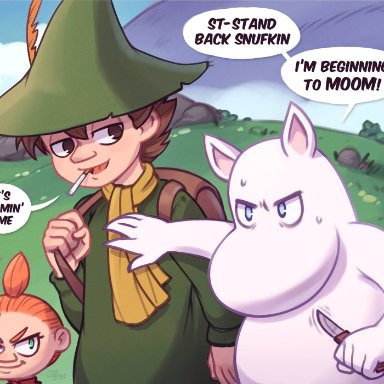 goobone, little my, moomintroll, snufkin, it's morbin time, the moomins, human, mammal, moomin, 5 fingers, age difference, anthro, backpack, big snout, blue eyes