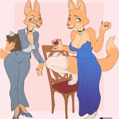 reptilian orbit, diane foxington, dreamworks, the bad guys, canid, canine, fox, mammal, alcohol, anthro, beverage, blue clothing, blue dress, breasts, chair