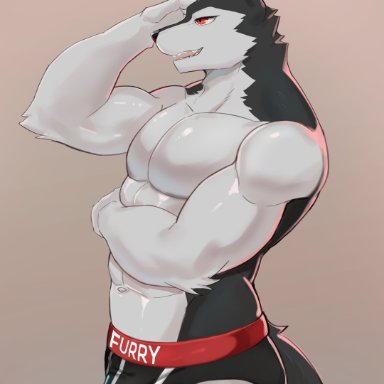 kult2k, wolf butler, wolf butler and his cat master, canid, canine, canis, mammal, wolf, abs, anthro, biceps, black body, black fur, briefs, bulge