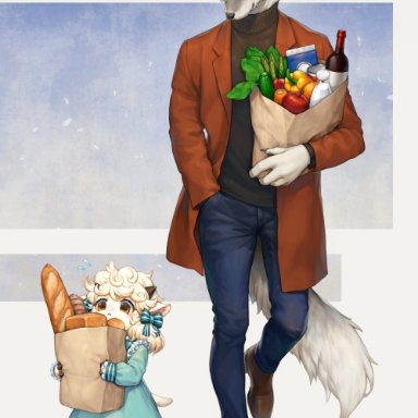 kemokemono, bovid, canid, canine, canis, caprine, mammal, sheep, wolf, accessory, anthro, apple, bag, bell pepper, black clothing