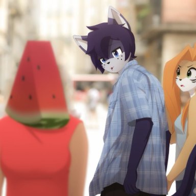 eipril, elisabeth (eipril), rouen (eipril), distracted boyfriend, animate inanimate, canid, canine, domestic cat, felid, feline, felis, fox, mammal, anthro, breasts
