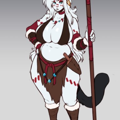 the dogsmith, jocasta (dogsmith), felid, feline, mammal, anthro, big breasts, breasts, cleavage, clothed, clothing, female, looking at viewer, melee weapon, polearm