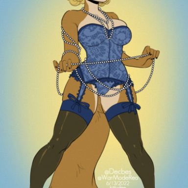 kittydee, canid, canine, canis, domestic dog, mammal, 4 toes, 5 fingers, anthro, beads, black nails, black nose, blonde hair, blue clothing, blue corset