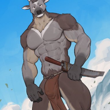 canyne khai, cervid, mammal, abs, anthro, bottomwear, brown body, brown eyes, bulge, chest tuft, clothed, clothing, horn, katana, loincloth