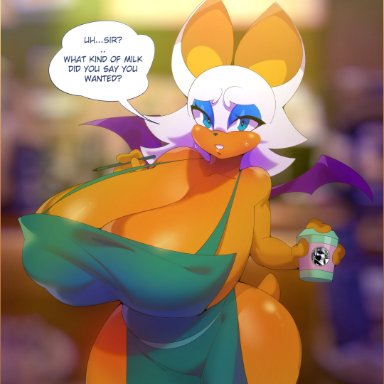 doctorzexxck, negullust, rouge the bat, i mean breast milk, sega, sonic the hedgehog (series), chiropteran, mammal, anthro, apron, apron only, big breasts, blue eyes, bodily fluids, breasts