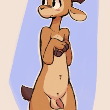 fuel (artist), chico (fuel), antelope, bovid, mammal, 2 horns, anthro, balls, belly tuft, biped, black nose, blue background, blush, blush lines, brown body