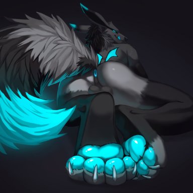 miramint, kyulix, canid, canine, mammal, 4 toes, anthro, anus, balls, black background, blue anus, blue eyes, blue pawpads, butt, claws