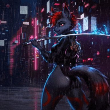 mononi, canid, canine, canis, mammal, wolf, black body, black fur, breasts, city, clothed, clothing, cyberpunk, female, fire