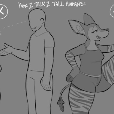 zzx, how to talk to short people, giraffid, human, mammal, okapi, 5 fingers, anthro, biped, bodily fluids, bottom heavy, bottomwear, breasts, clothing, crossed arms