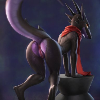 w4g4, chiani (cloudrunner), kobold, scalie, anthro, anus, bent over, black body, black scales, blurred foreground, butt, female, genitals, looking back, mostly nude