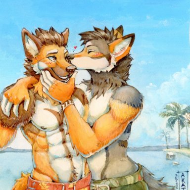 akatan art, canid, canine, canis, coyote, mammal, 5 fingers, <3, abs, anthro, clothing, duo, fingers, kissing, male