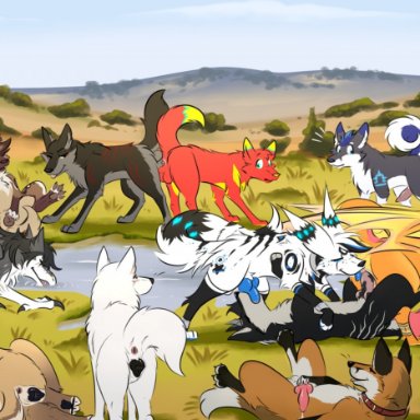 muskydusky, queenofthetides, ember (snowviper), red fox (f3ral), shady wulf, canid, canine, canis, coyote, domestic dog, dragon, fox, furred dragon, mammal, red fox