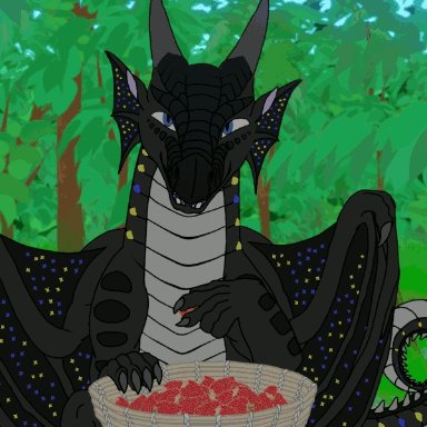 alum skywing, peacemaker (wof), wings of fire, dragon, scalie, western dragon, eating, feral, food, fruit, jungle, male, outside, plant, solo