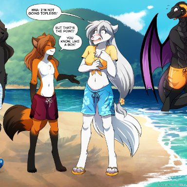 conditional dnp, tom fischbach, keiren (twokinds), laura (twokinds), madam reni (twokinds), maren taverndatter, mrs. nibbly, raine silverlock, male swimwear challenge, twokinds, canid, canine, canis, dragon, fox