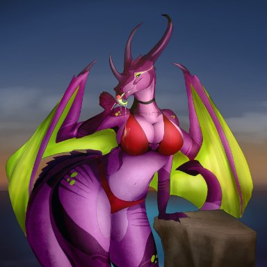 dragons-and-drawings, dragon, scalie, western dragon, anthro, big breasts, bikini, bodily fluids, breasts, candy, choker, cleavage, clothed, clothing, dessert