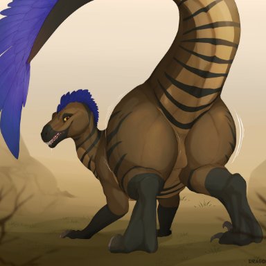 dragons-and-drawings, dinosaur, dromaeosaurid, feathered dinosaur, reptile, scalie, theropod, all fours, big butt, bodily fluids, brown body, brown scales, butt, desert, drooling