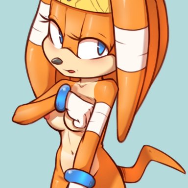 qrog, tikal the echidna, sega, sonic adventure, sonic the hedgehog (series), echidna, mammal, monotreme, anthro, blue background, blue eyes, breasts, clothing, covering, covering breasts