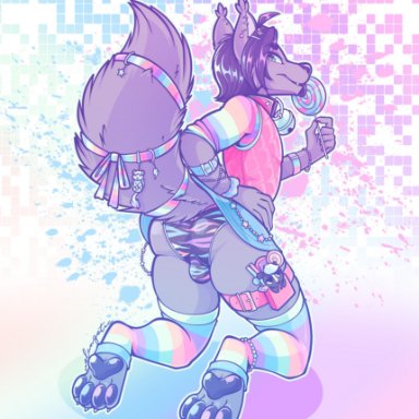 melangetic, sylver tsuki, canid, canine, canis, mammal, wolf, absolute territory, anthro, balls in panties, bell, blush, bottomwear, bulge, butt