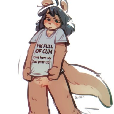 panken, lutrine, mammal, mustelid, anthro, barefoot, black hair, blush, bottomless, brown body, brown fur, clothed, clothing, crotch tuft, featureless crotch