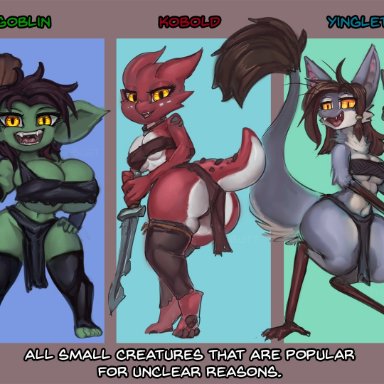 general-irrelevant, out-of-placers, goblin, humanoid, kobold, mammal, reptile, scalie, yinglet, anthro, bandeau, big breasts, blue body, blue fur, bottomwear