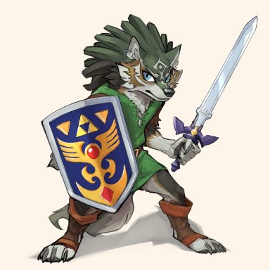 elranno, link (wolf form), nintendo, the legend of zelda, canid, canine, canis, mammal, wolf, anthro, anthrofied, blue eyes, claws, clothing, ear piercing