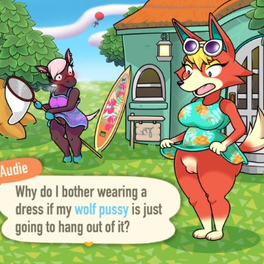 tinydevilhorns, audie (animal crossing), reneigh (animal crossing), animal crossing, nintendo, canid, canine, canis, equid, equine, horse, mammal, wolf, anthro, being watched
