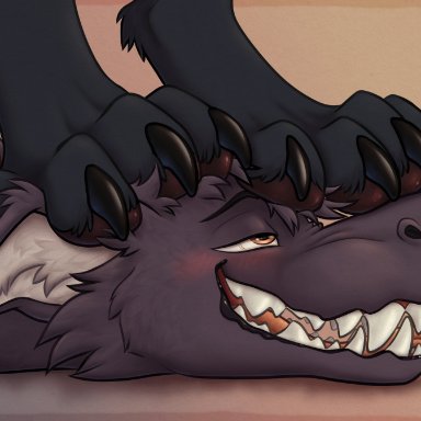 remywolf, mammal, 4 toes, ambiguous gender, anthro, blush, brown eyes, claws, digitigrade, duo, feet, foot fetish, foot on face, lying, male