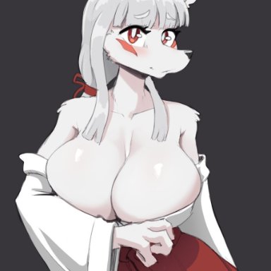 cooliehigh, tamamo fushimi, tamamo-chan's a fox, canid, canine, fox, mammal, anthro, asian clothing, big breasts, bottomwear, breasts, cleavage, clothed, clothing