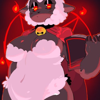 hanaarts, lamb (cult of the lamb), cult of the lamb, bovid, caprine, mammal, sheep, anthro, bell, bell collar, big breasts, book, breasts, cape, cleavage