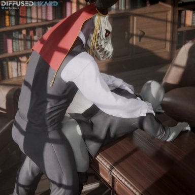 diffusedlizard, anon, anonymous character, elias ainsworth, ych (character), the ancient magus bride, demon, humanoid, anal, anal penetration, balls deep, bone, butt, chair, clothed